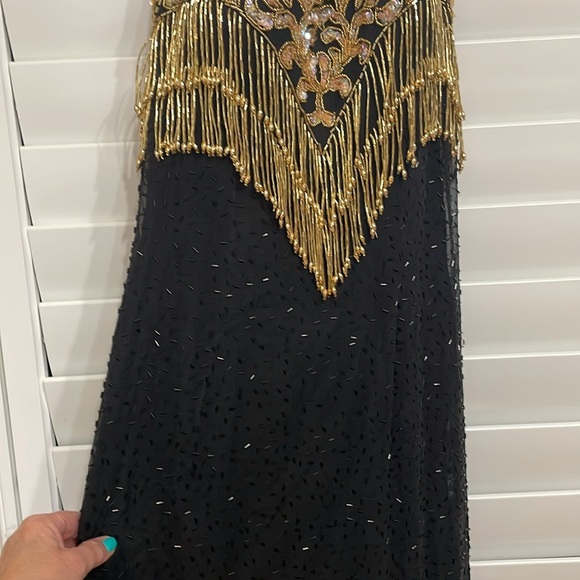 Landa size 10 100% Silk Black Gown accented with black and gold sequins. - Picture 3 of 8